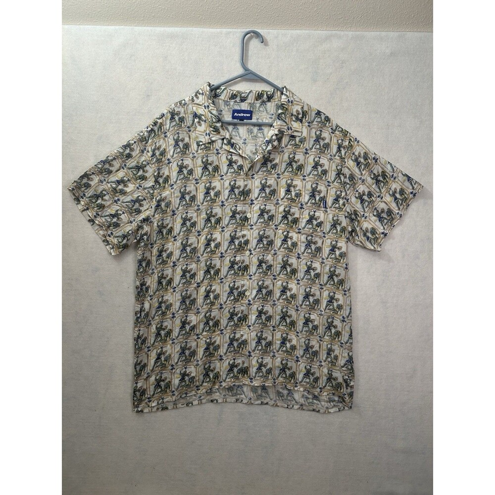 Andrew Miami Streetwear Knight Graphic Camp Collar Rayon Shirt Mens Large